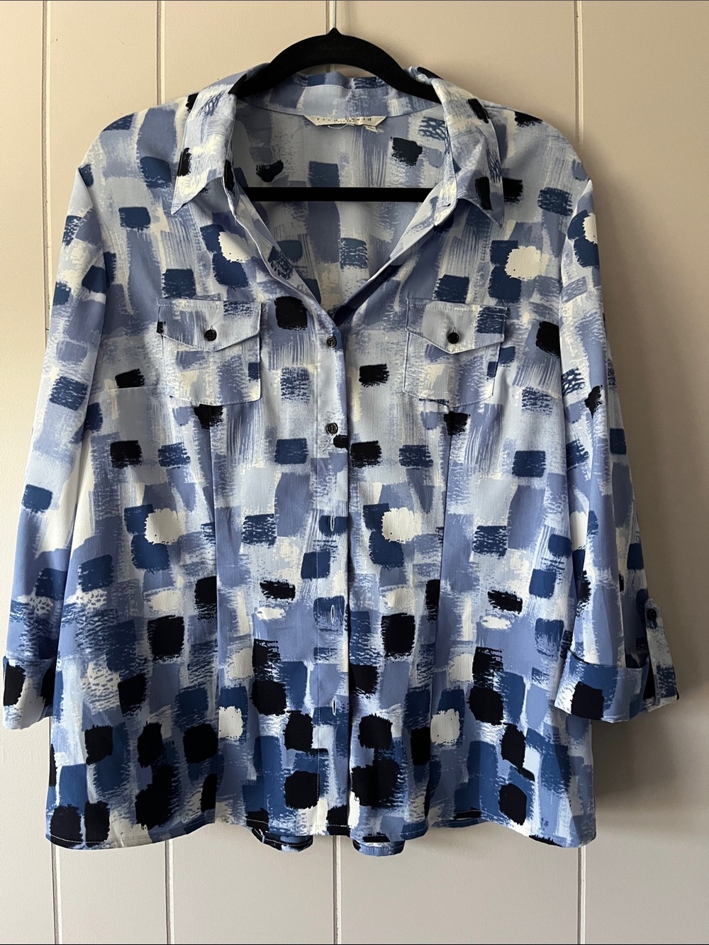 Light Blue Abstract Brushstroke Button-Up Blouse
